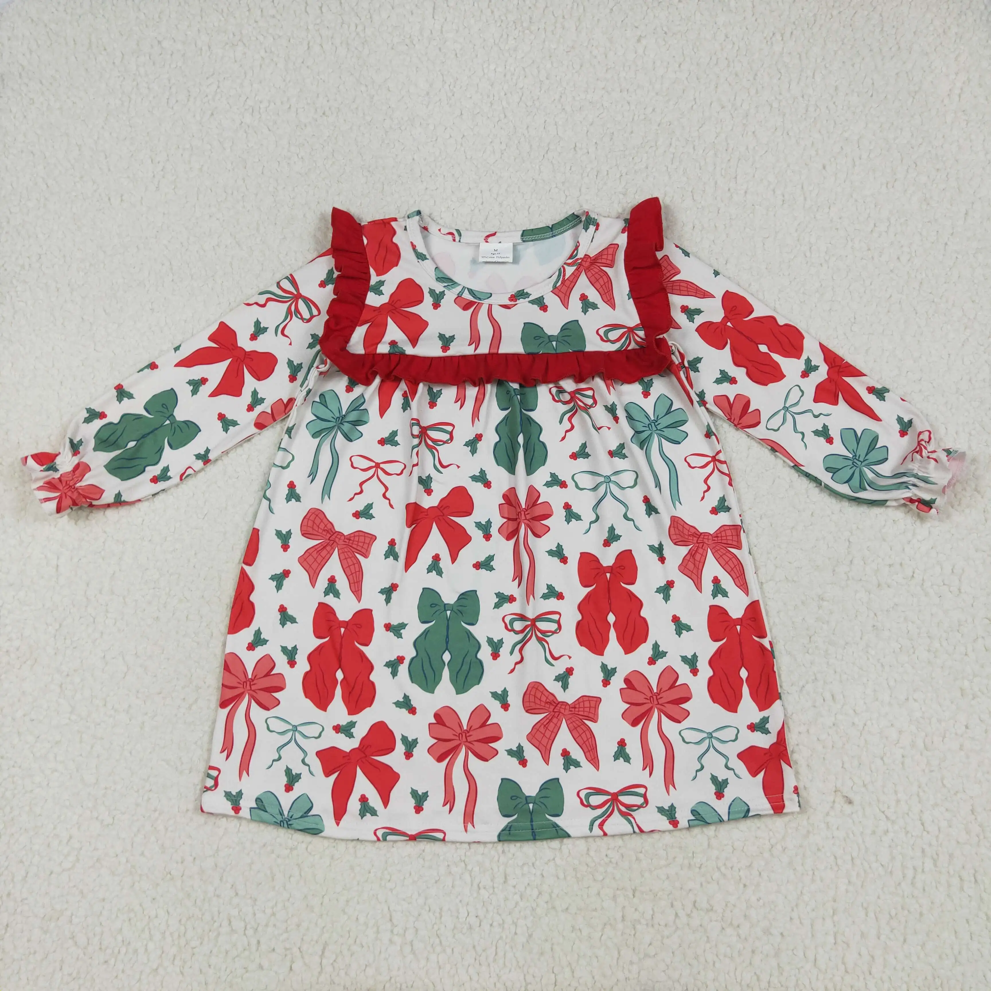 

Red Christmas Bows Floral Print Long Sleeve Dress High Quality Girls Casual Clothing Sets Kids Wholesale Set