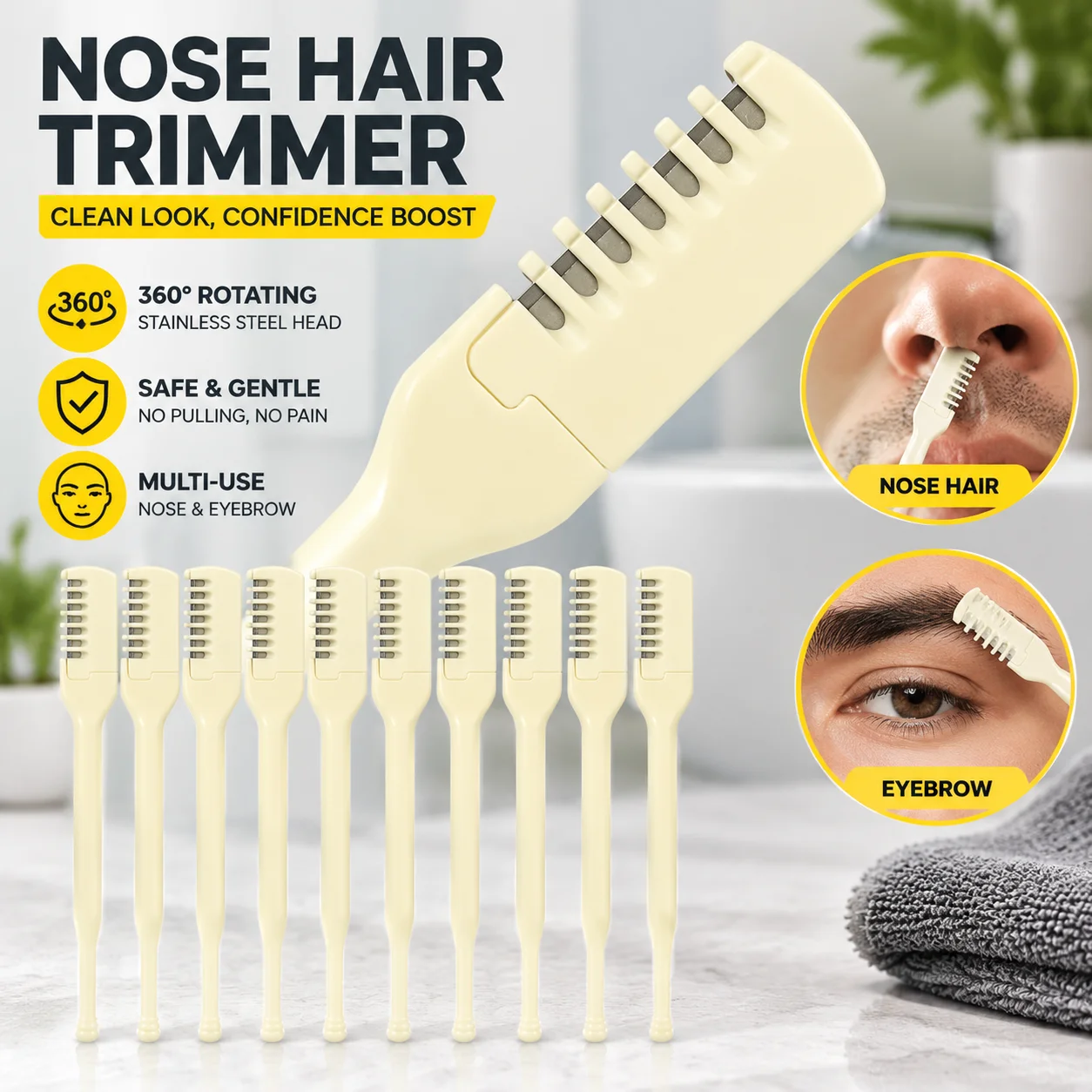Manual Nose Hair Trimmer with 360° Rotating Stainless Steel Head, Eyebrow Shaping Tool for Men's Facial Grooming, No Dead Angles
