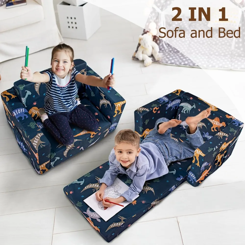 2-in-1 Kids Fold Out Couch, Convertible Sofa to Lounger for Toddlers 1-3 Years, Dinosaur Design