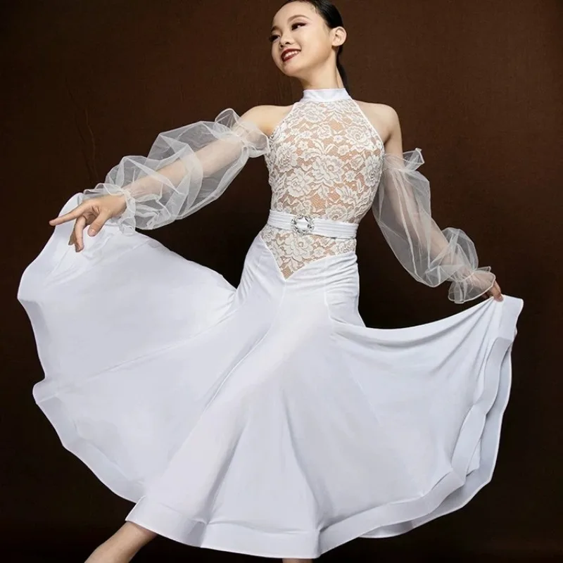 Customized Modern Dance Dress Latin Adult Performance Host White Competition Art Exam Flower Dress Ballroom Dress Standard