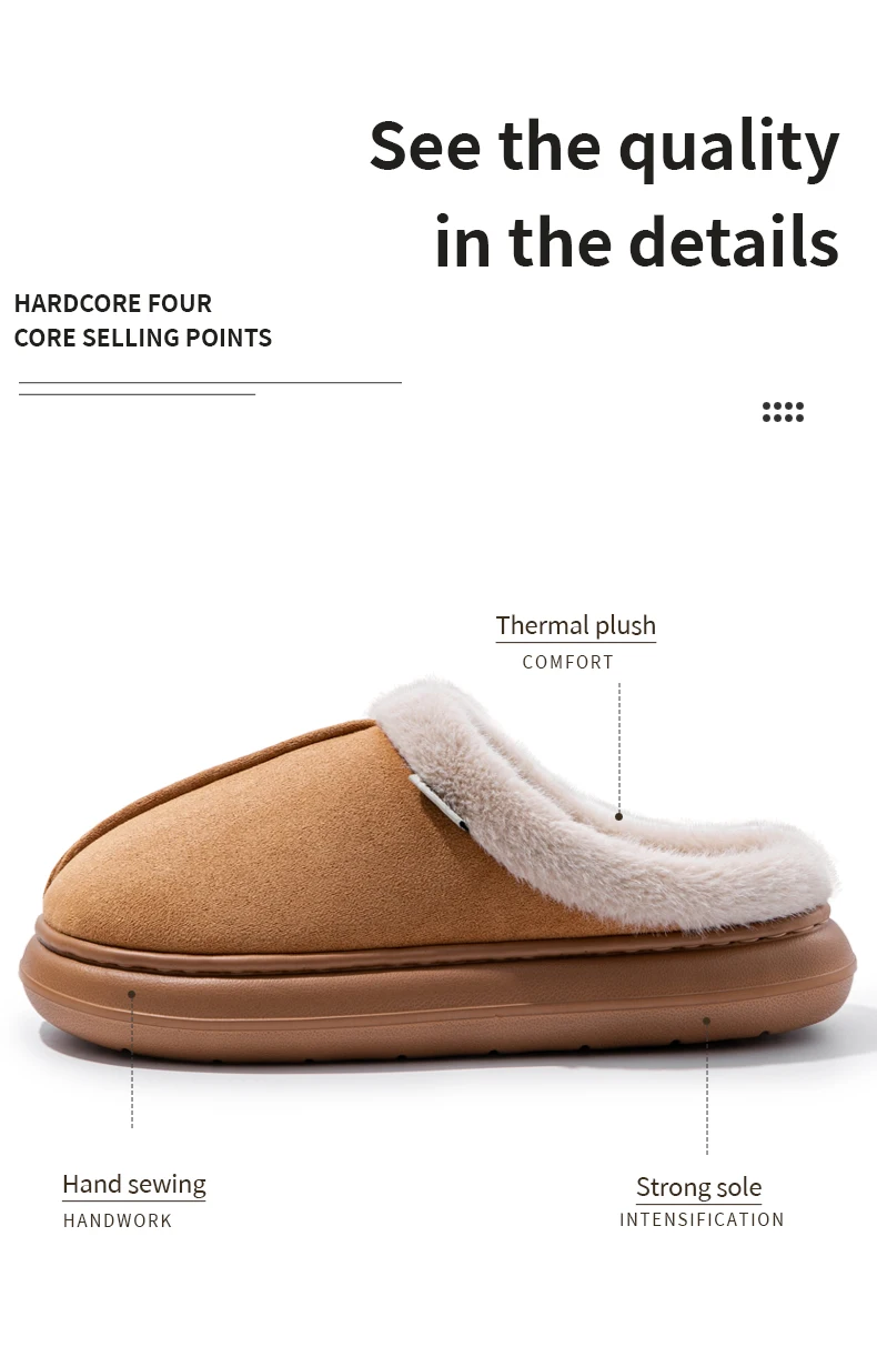 Modische, flauschige Plateau-weiche Hausschuhe für Damen, Plüsch, warme Baumwollschuhe, bequem, rutschfest, Herbst-Winter, Unisex-Hausschuhe – Detail 4