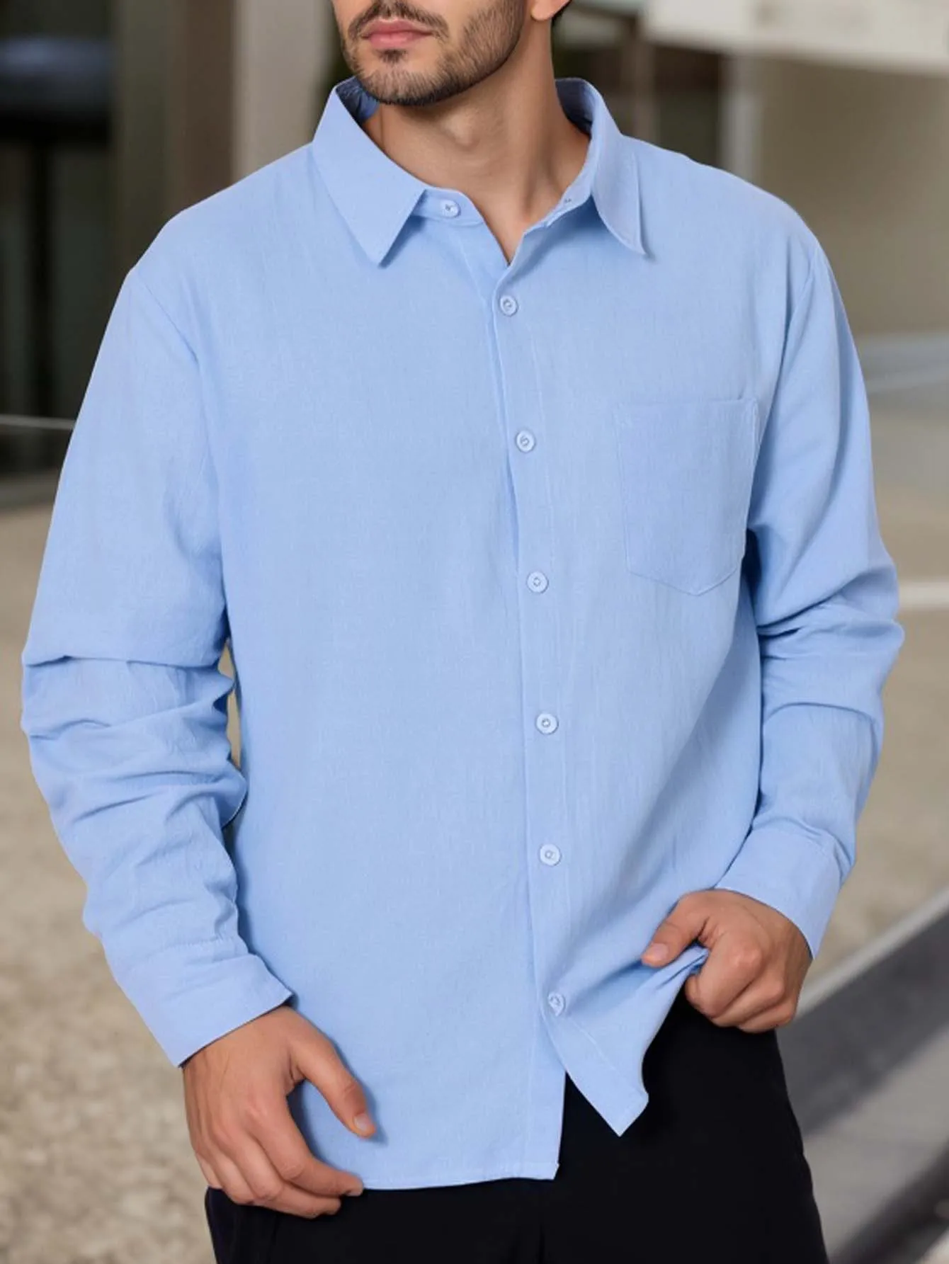 Men's Casual Long-Sleeved Shirt Comfortable Cotton Linen Lapel Pocket Loose Solid Color Fashionable Cardigan