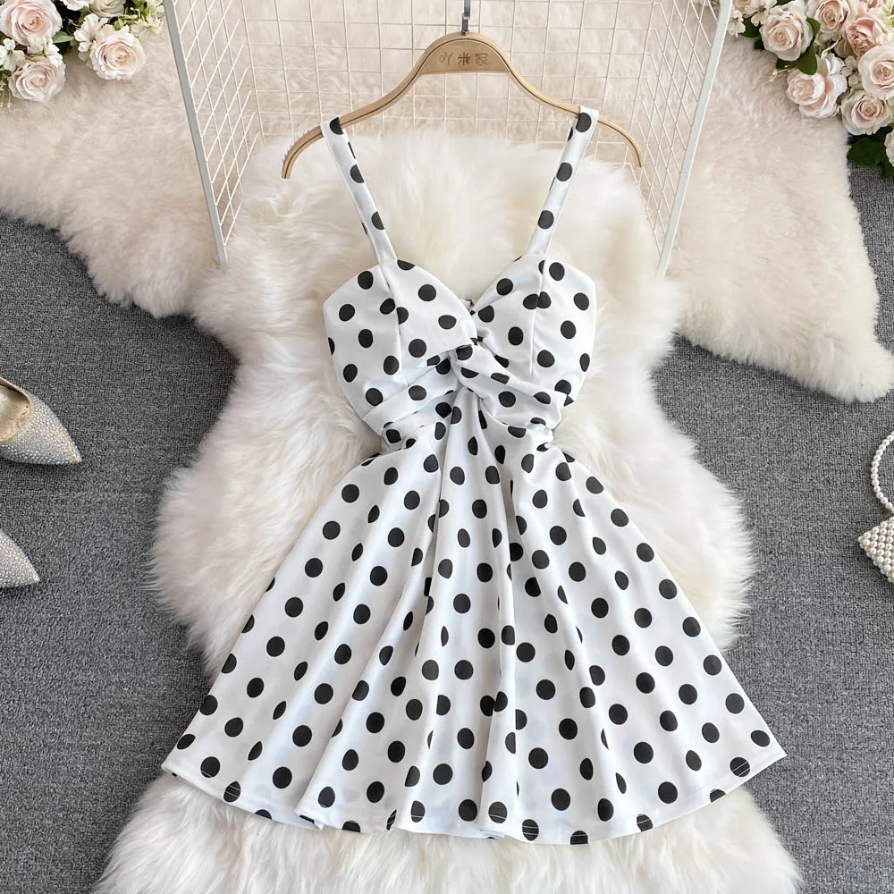 

Polka Dot Spaghetti Strap Summer Dresses for Women V-neck Backless Party Gowns 2023 New High Waist Strapless Mini Dress