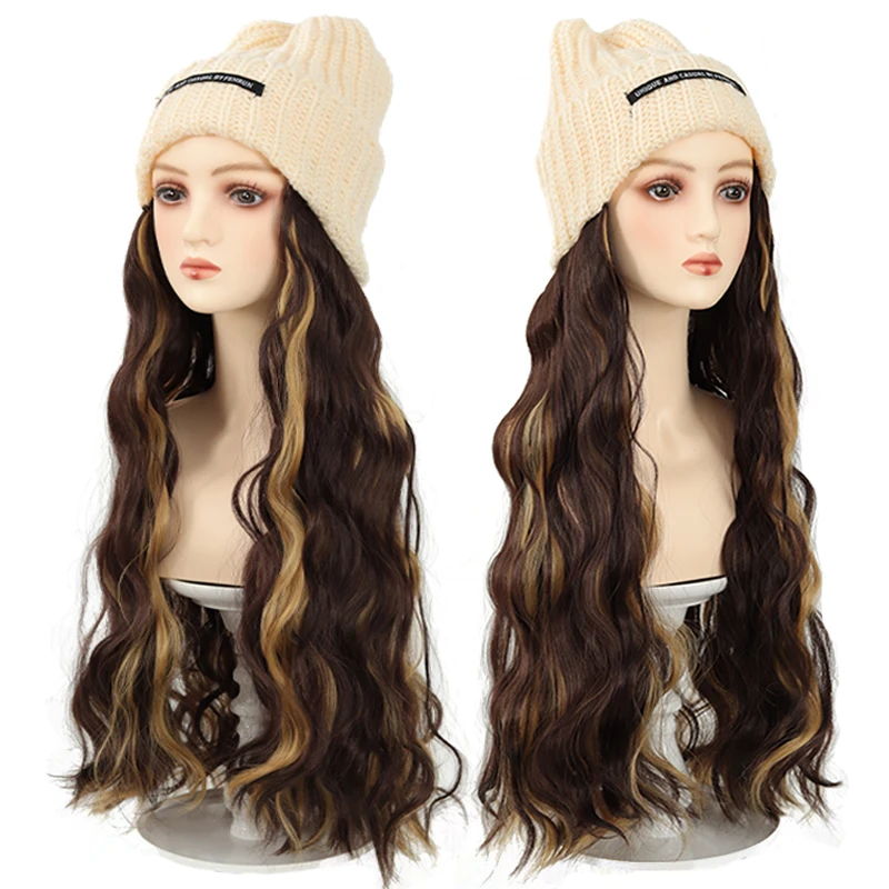 Hat, wig, letter knitted hat, long water ripple, curly hair, integrated synthetic fiber, dyed wig
