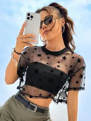 Summer Outfits Star Print Drop Shoulder Crop Mesh Top Without Camisole