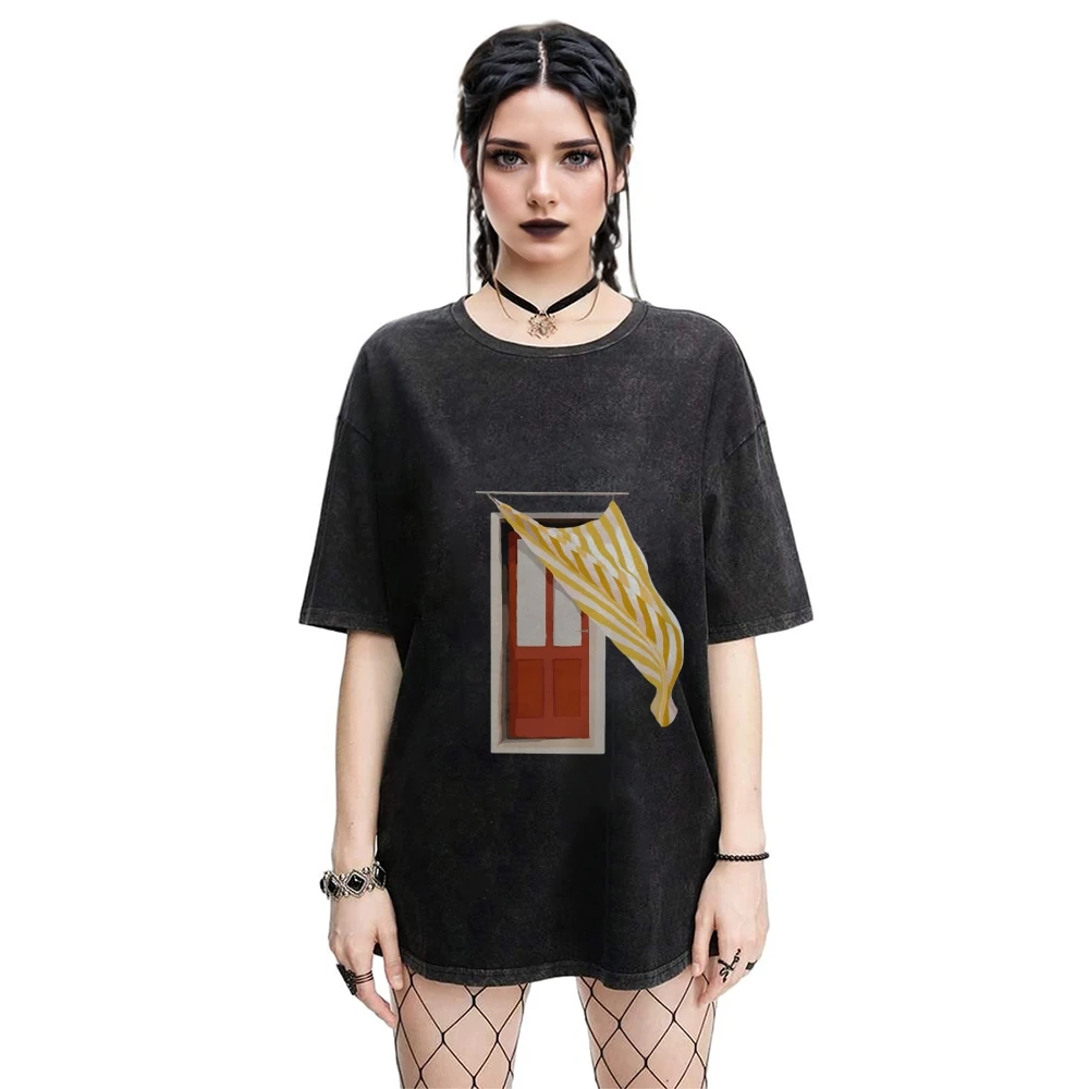 グラフィック Tシャツ ウィンドウカーテン Tシャツ 綿 100% 高品質 オーバーサイズ ウォッシュド Tシャツ イエロー カーテン プリント アーティスティック Y2K バイブ