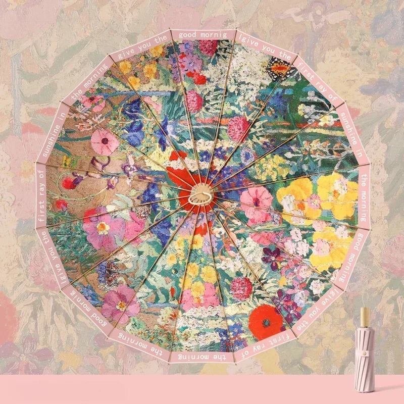 

Oil Painting Sunshade Parasol, Windproof Sunny and Rainy Umbrella for Women,UPF50+ Sun UV Protection Retro Folding Umbrellas