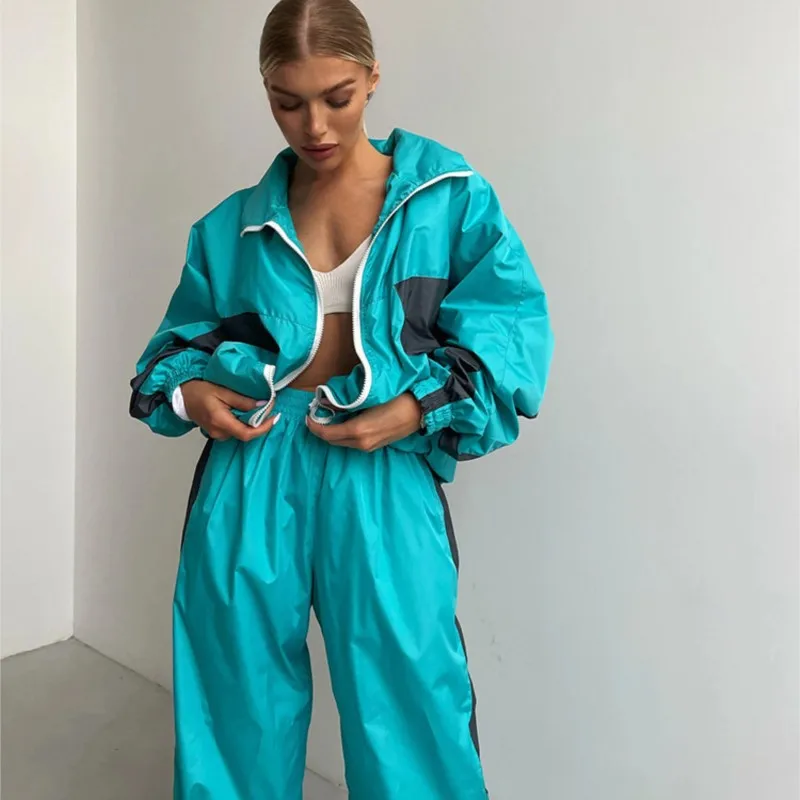 

Women's Casual Fashion Loose Color Blocked Long Sleeved Zipper Cardigan Color Block Top & Pants Sport Set 2025 Autumn