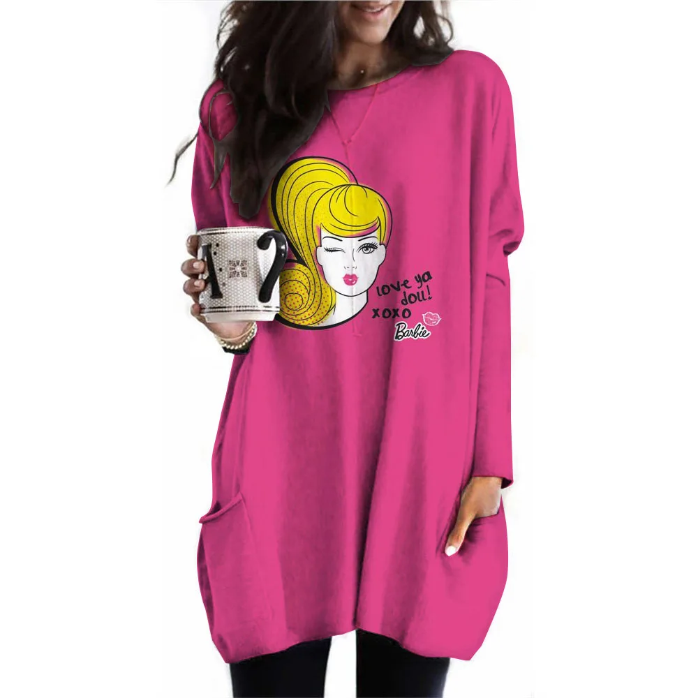 new European and American women\'s long sleeved round neck casual printed Pocket T-shirt top Barbie Princess Printed Autumn Top