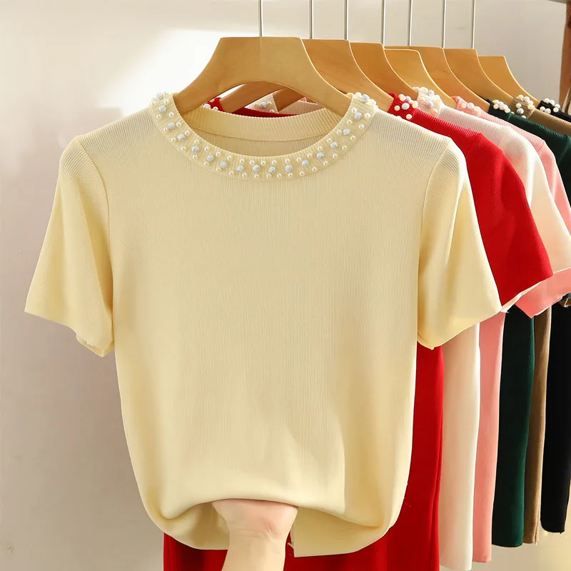 Knitted Sweater Women Pullovers New Short Sleeve O-Neck Beading Knit Sweater Pullover Women Tops Sweaters Sueters De Mujer Q1291