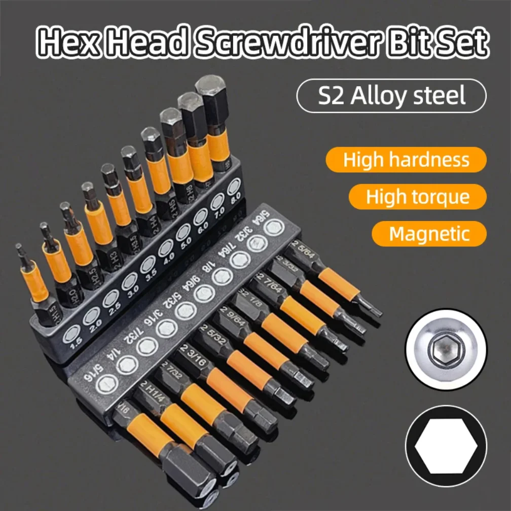 Set di punte per cacciavite con chiave a brugola a testa esagonale SAE metrico 1/4" punta per cacciavite magnetico con codolo esagonale S2 utensili manuali per trapano elettrico in acciaio