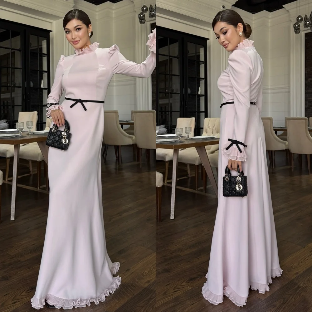 

Customized Matching Sexy Jersey Pleat Bow Sash A-line High Collar Long Dresses Bespoke Occasion Dresses Exquisite Elegant Retro