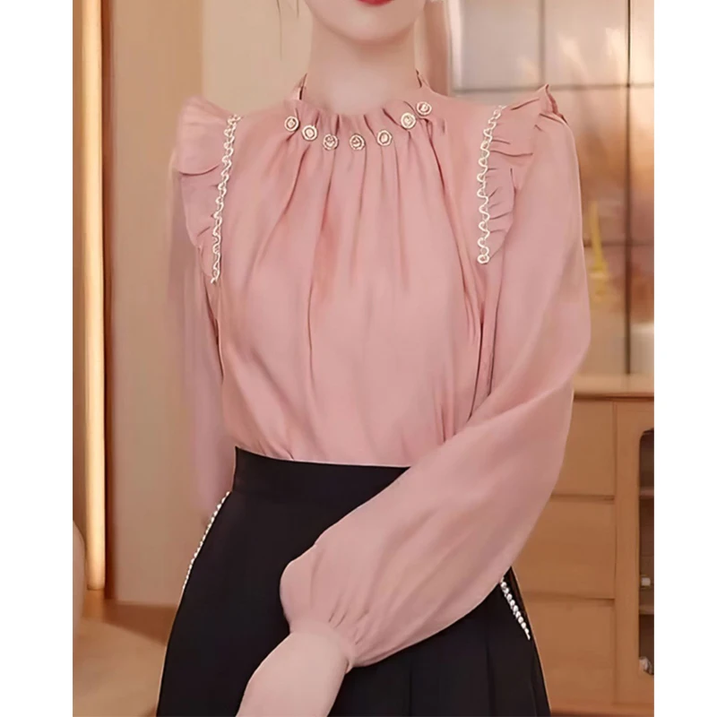 Women Vintage Stylish Ruffled Beaded Luxury Design Shirt Office Lady Elegant Commute Blouse Solid Long Sleeve Loose Chiffon Tops