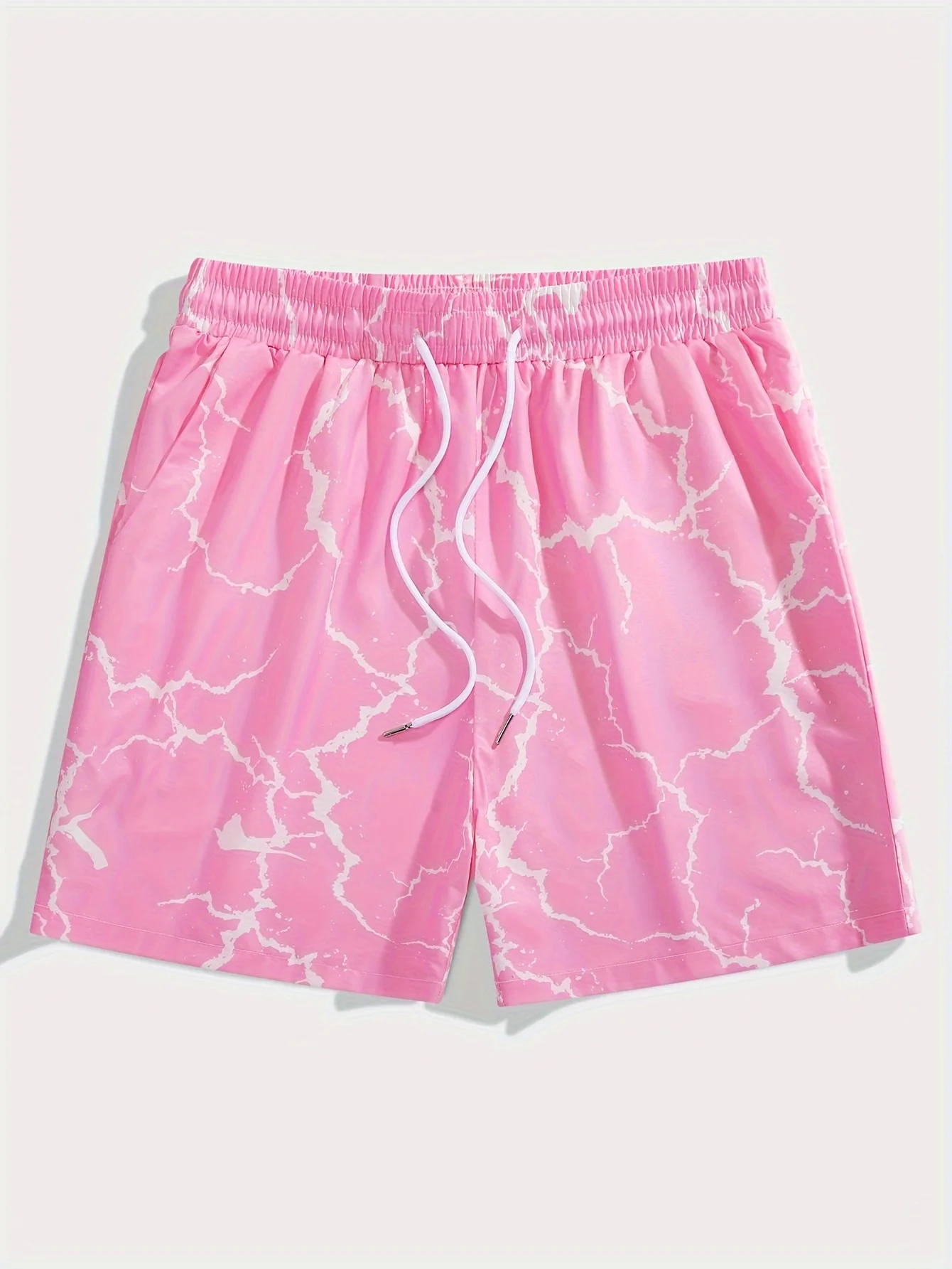 2026 Trend Pink White Lightning Crackle Pattern Mens Shorts Elastic Waist Running Workout Gym Sports Male Casual Shorts