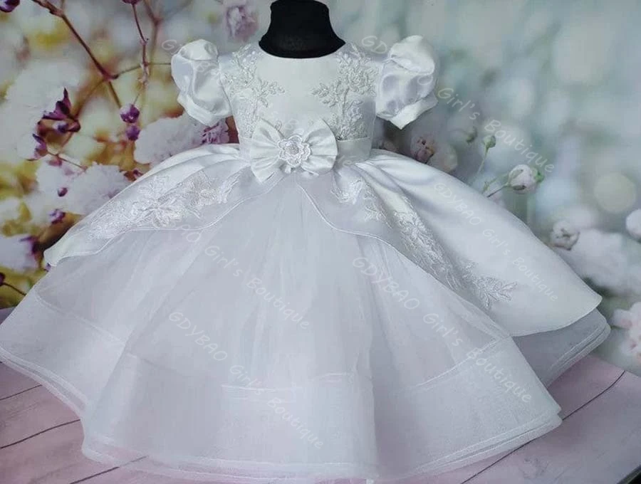 فستان التعميد الأبيض للأطفال الصغار مع ذيل قابل للانفصال وأكمام منتفخة مزين بالخرز فستان التواصل الأول فستان حفلة للفتيات على شكل زهرة #5