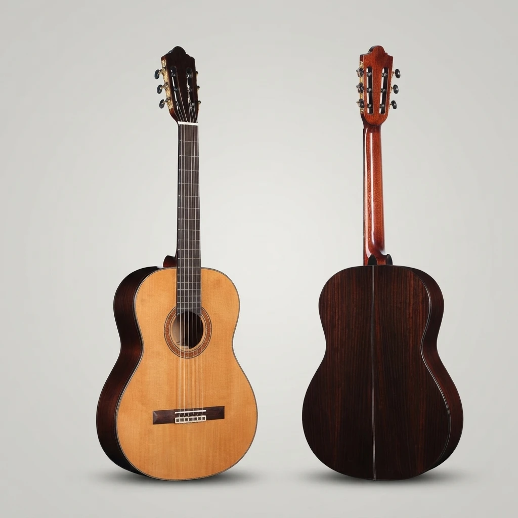 Classical Nylon String Guitar, Natural Gloss Top Black Back, Slotted Headstock, Decorative Rosette, Black Tuners for Beginners