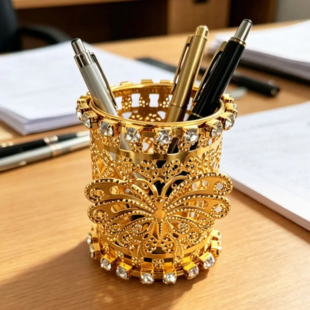 No-slip Hollow Out Pen Holder Rhinestone Decoration Iron Desktop Storage Container Luxury Flower Makeup Brush Storage Bucket