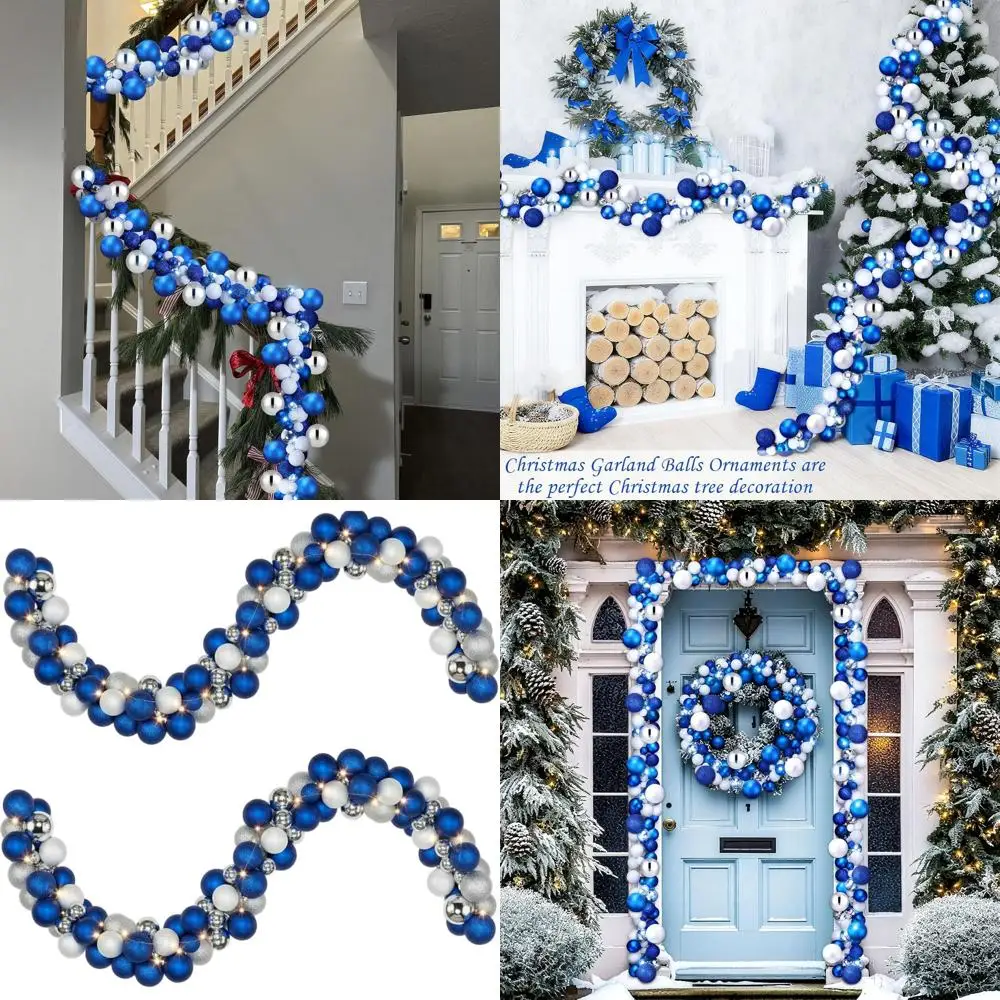 

6ft Christmas Garland with 2 Sets of 10ft LED Lights, Dark Blue, Light Blue, Silver Balls for Indoor/Outdoor Tree or Mantel