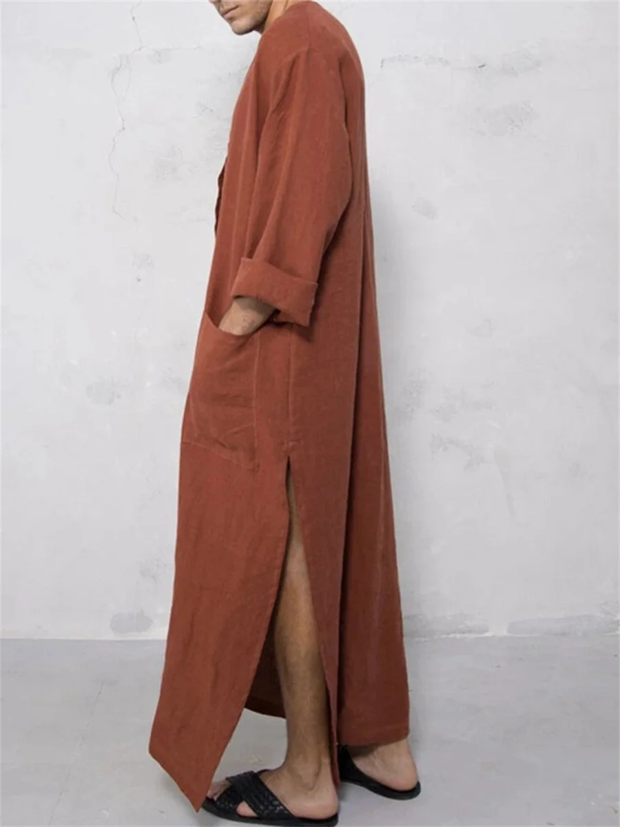 New 2026 Fashion Men Islamic Arabic Jubba Thobe Long Sleeve Solid Robes Men's Saudi Arabia Abaya Dress Muslim Kaftan Male 5XL