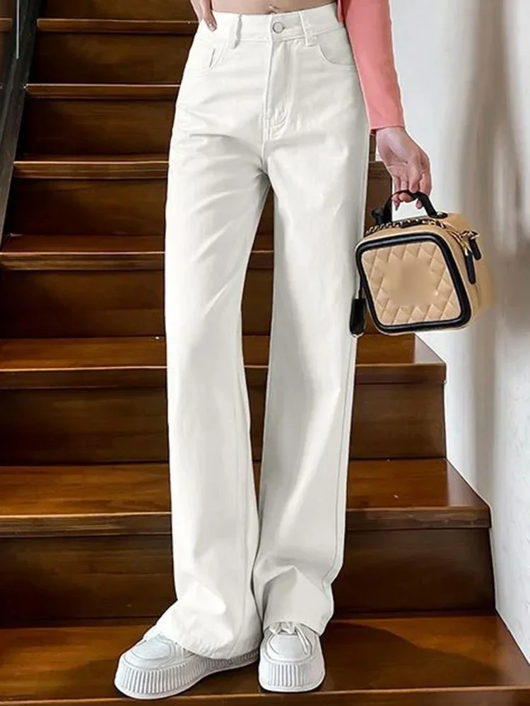 

Women Spring High Waist Loose Denim Wide Leg Jeans Lady Street Korean Version Baggy Pants White Fashion Straight Leg Trousers
