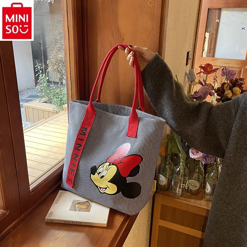 

MINISO 2024 New Disney Cartoon Mickey Large Capacity Handbag for Women, High Quality Canvas Versatile Casual Tote Bag