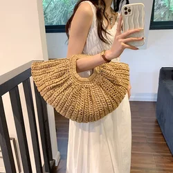 Summer Woven Beach Bags for Women Ladies Straw Bag Raffia Crochet Clutch Bag Boho Rattan Moon shaped Top Handle Handbags Tote