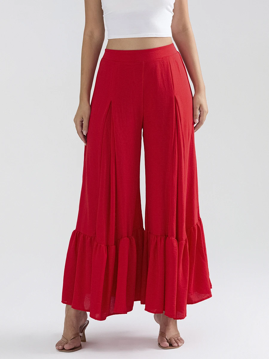 Women'S Summer Culottes Solid Color Mid Waist Exaggerated Wide Leg Silhouette Perfect Wide Leg Pants Casual Slightly Spicy Pants