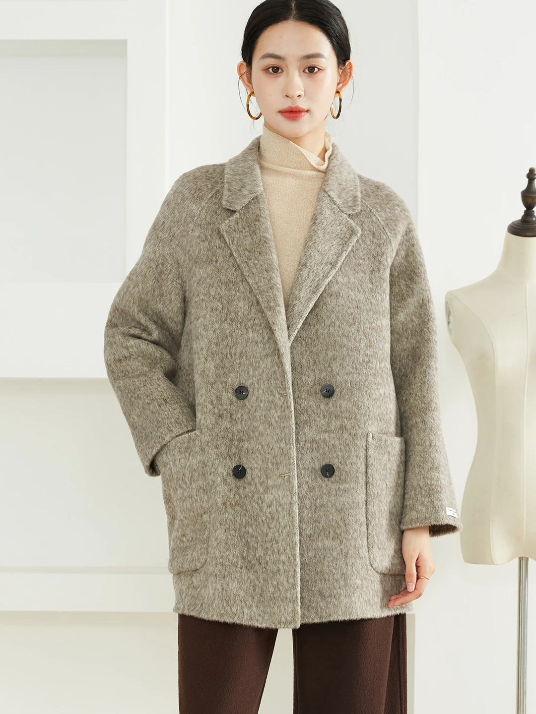 

SIVLIYE00% Wool Floral Double-Faced Woolen Coat Turn-down Collar Double-breasted Outerwear for ort Women Autumn Winter