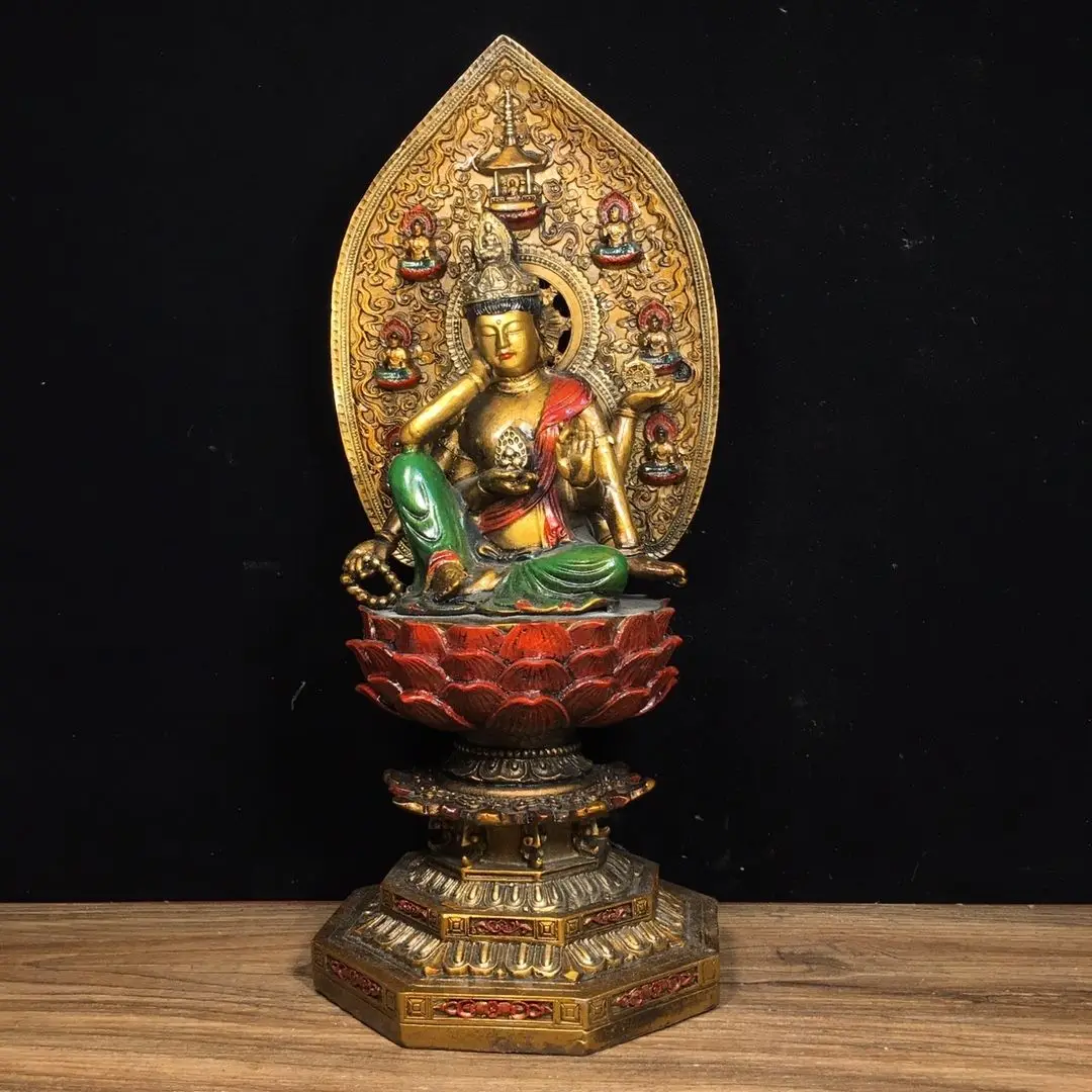 8 pure copper painted release lotus seat six-arm Guanyin length 13 cm wide 12.5 cm high 30 cm weight 2130 grams