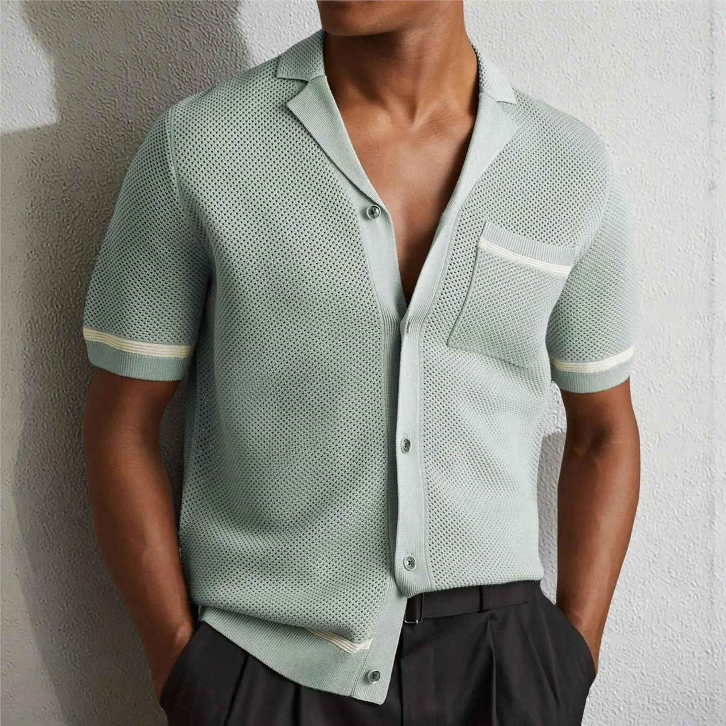 

Sexy Hollow out Knitted ort Sve Cuban Collar irt Men's Summer Faion Ciwalk T-irt Thin Easy to Wear Cleanfit