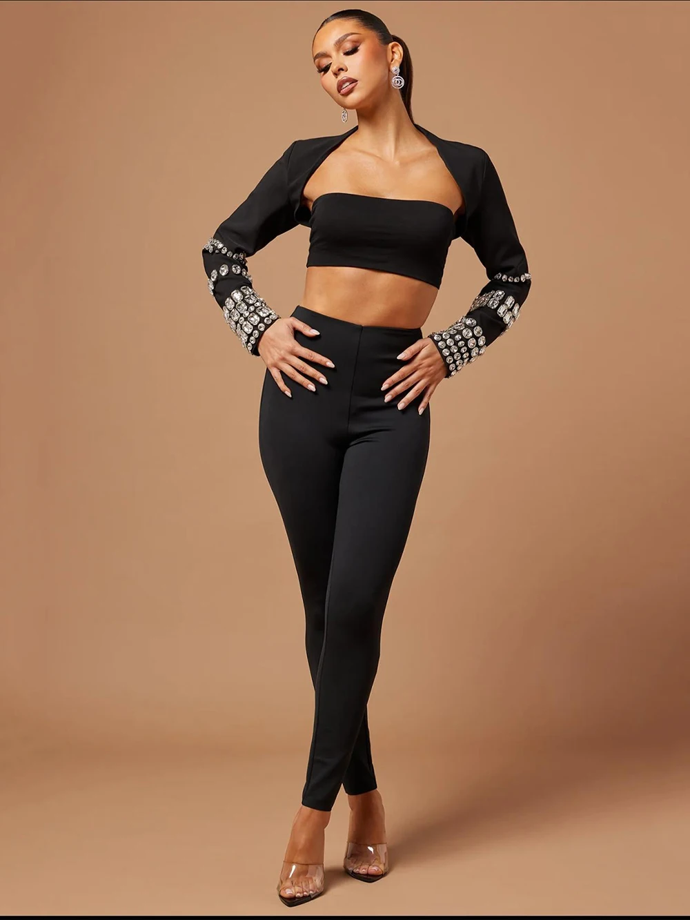 

Modphy Sexy Long sleeved Short Top + Sleeveless Crop Top + Pencil Pants Tight Crystal Diamond Bandage 3 Piece Set Club Party