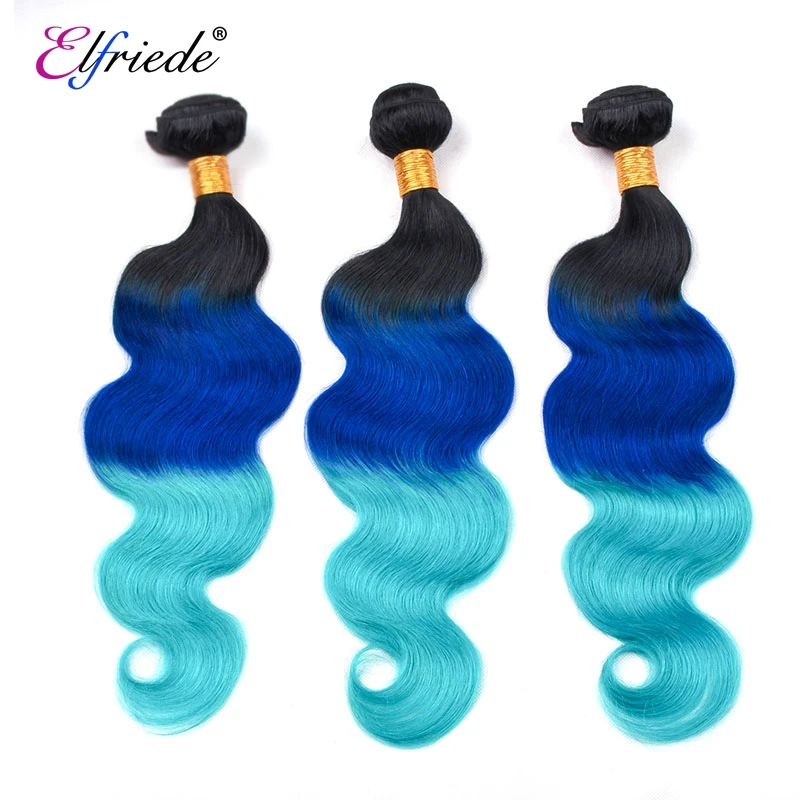 Elfriede #T1B/Blue /Light Blue Body Wave Human Hair Bundles with Closure Remy Hair Sew In Wefts 3 Bundles with Lace Closure 4x4