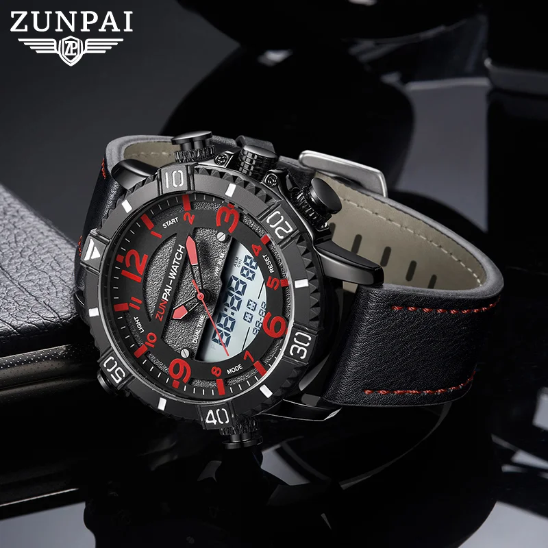 ZUNPAI Men\'s Watch Waterproof Stainless Steel Quality Leather Sports Watches Men Multifunction Chronograph Analog LED Wristwatch