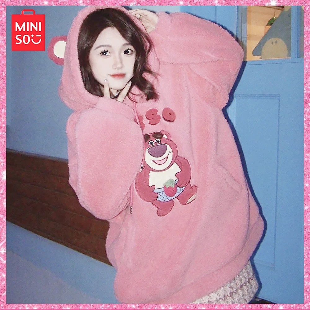 New Miniso Lotso Cartoon Embroidered Fleece Hooded Loose Top Long Sleeve Plus Size Hoodie Coat Girls Birthda Gift