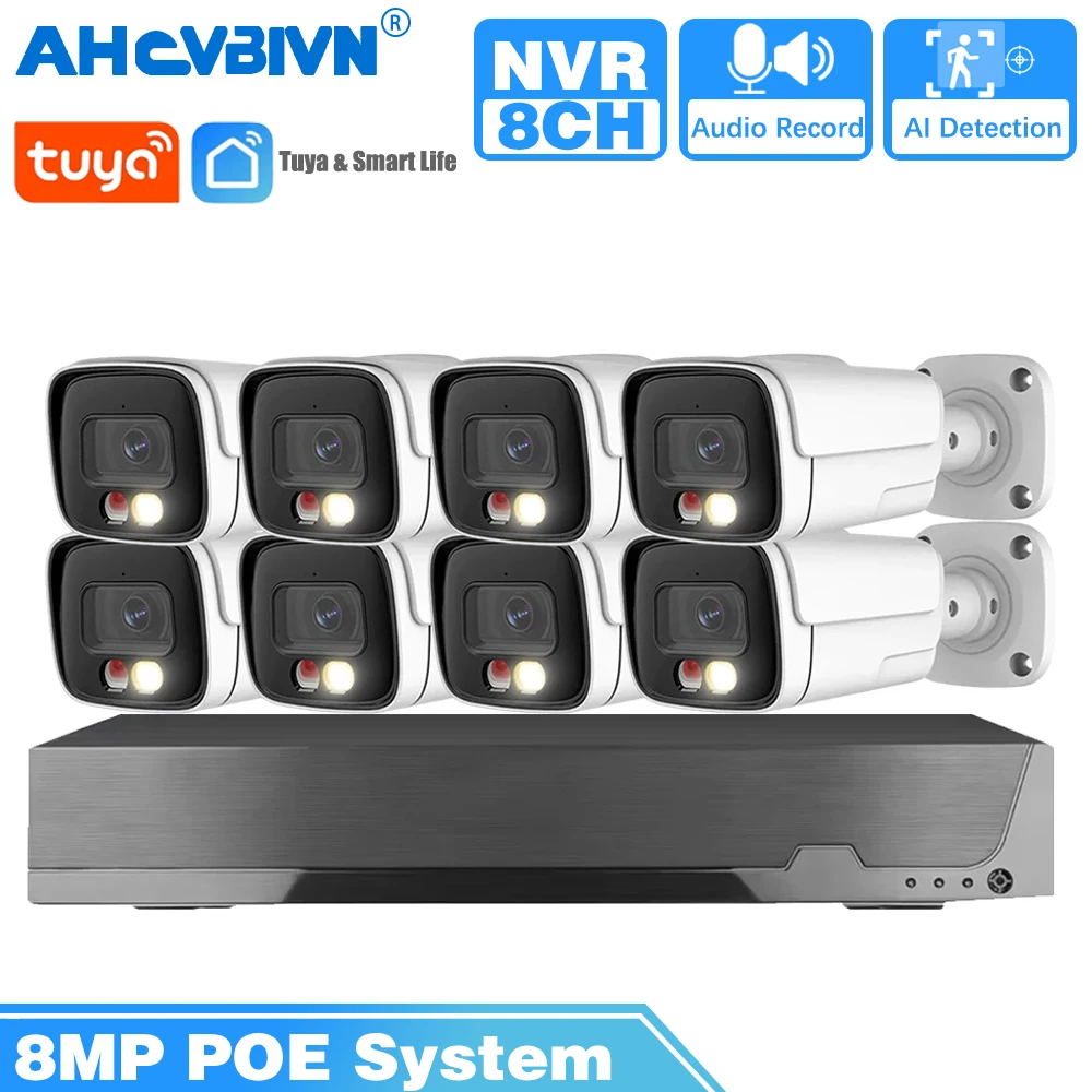 

8CH 4K 8MP POE Tuya Smart Security Camera System Audio Record 8MP NVR Kit CCTV Outdoor IP Camera H.265 P2P Video Surveillance
