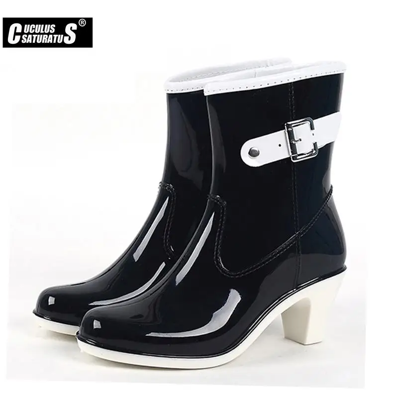 Cuculus 2022 Buckle Ladies Rain Boots High Heel Waterproof Ankle Rubber Plus Size Woman Short Rain Boots Black Beige White 1290