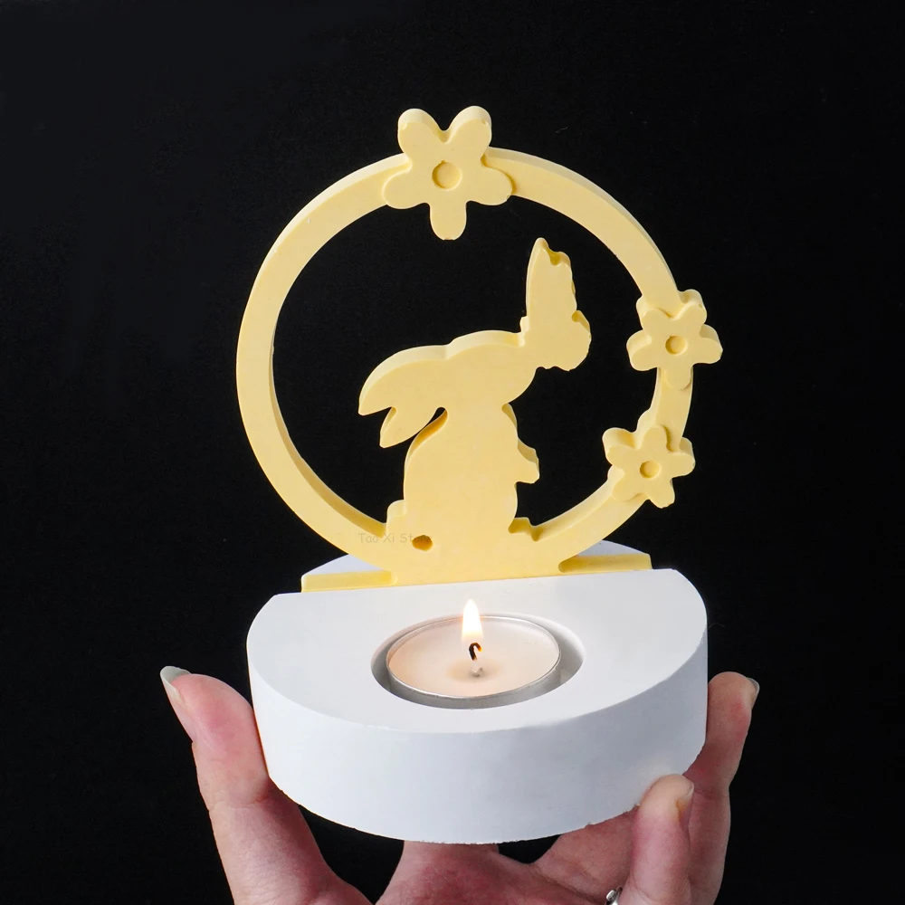Rabbit Kiss Butterfly Candle Holder Mold DIY Circle Bunny Resin Candstick Molds Plaster Concrete Handmade Home Crafts Decor