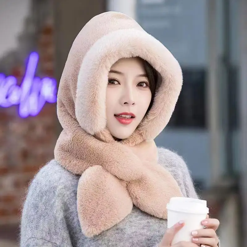 

Women Winter Hood Beanies Thick Plush Scarf Hat Set Outdoor Ski Windproof Warm Headgear Solid Fluffy Fur Female Earmuffs Cap 모자