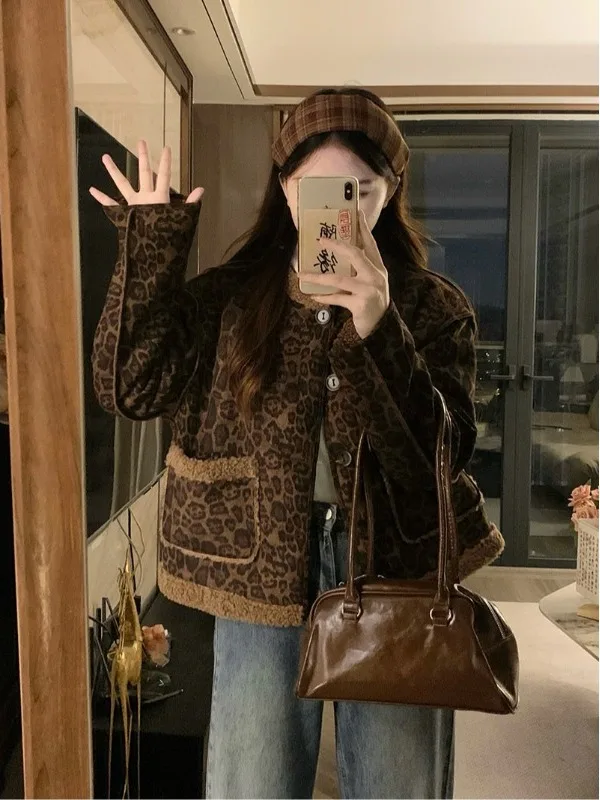 

plus Size Women's Retro High-End Feel Leopard Print Lamb Fur Jaet Autumn Winter New Sle Warm Versatile Coat Trendy Top