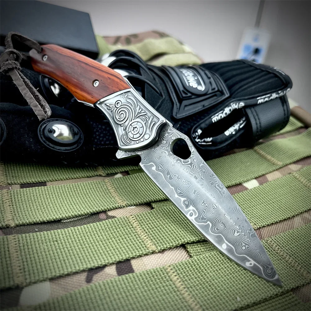 

VG10 Damascus Steel Blade Acid Wood Handle Folding Pocket Knife Self Defense EDC Survival Hunting Knife