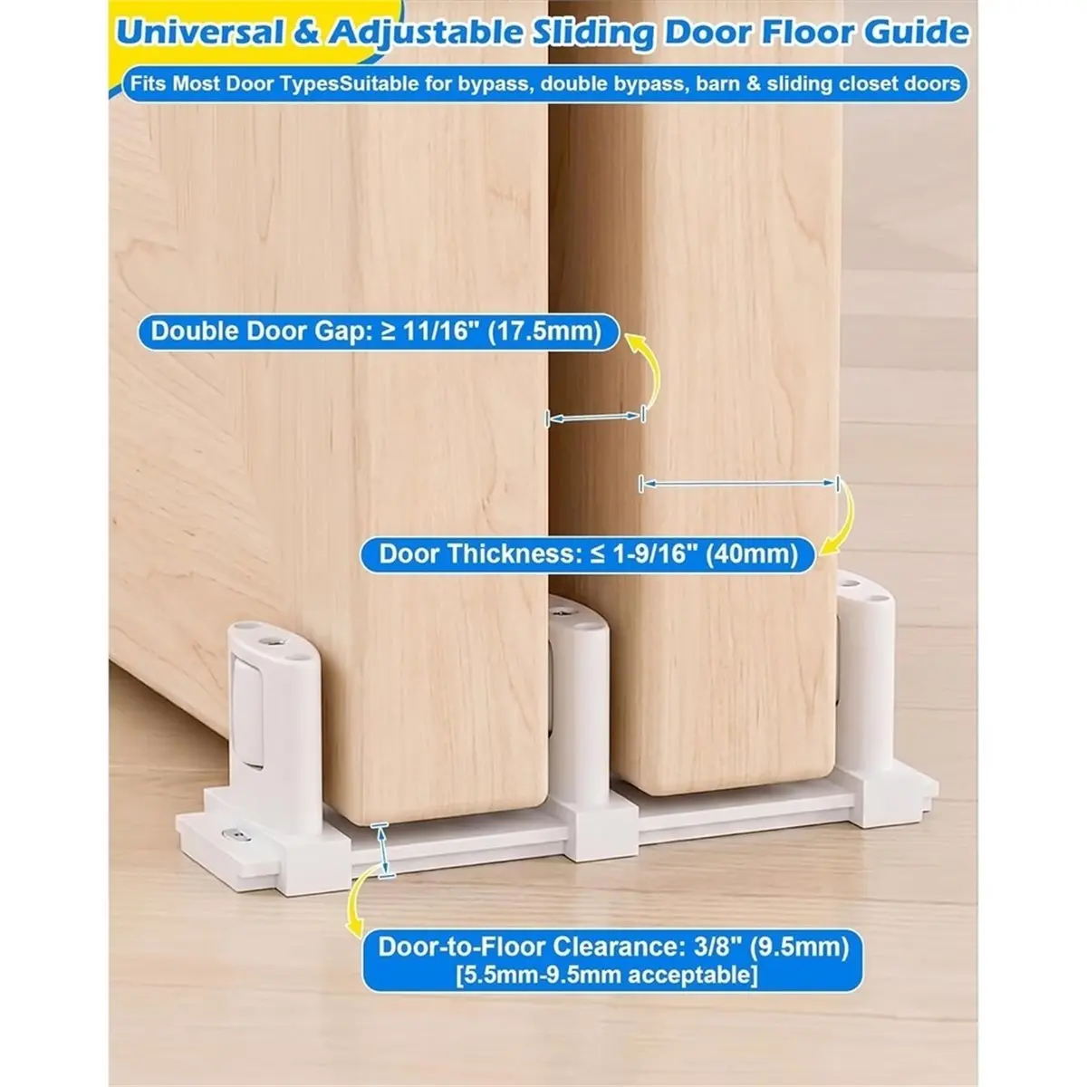 Door Guide, Sliding Closet Door Floor Guide, Adjustable 3-Roller Bottom Mount for & Double Doors