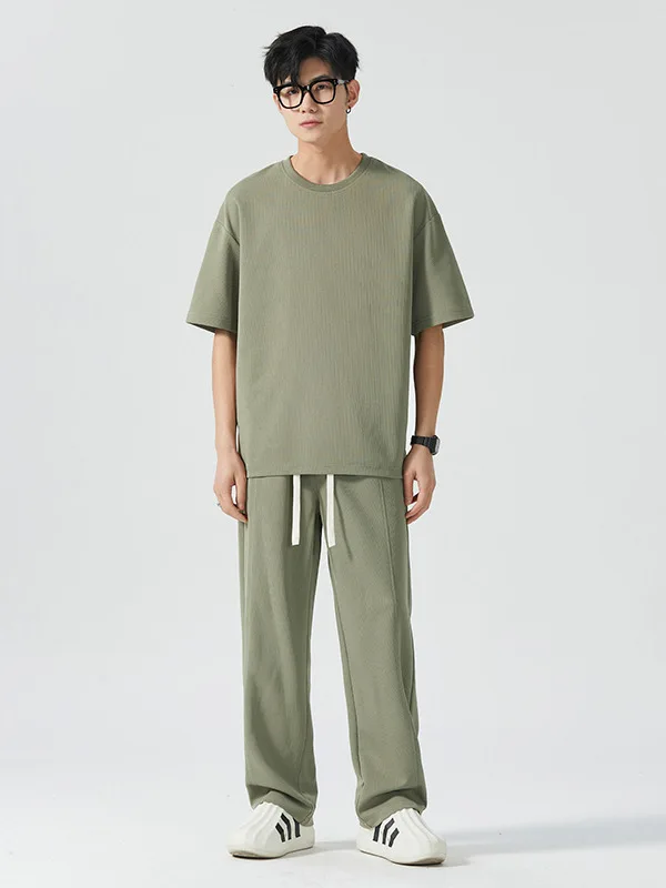 

Youth Casual Sportswear Set round Ne ort Sve Loose Fit M T-irt And Straight Leg Pants for High School Students