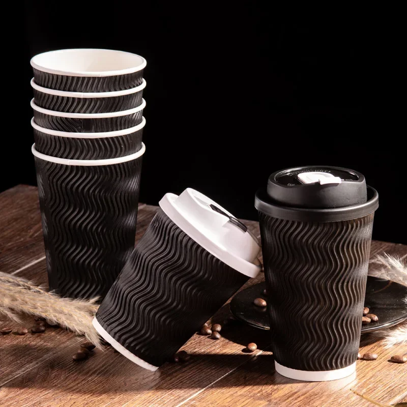 Disposable Coffee Paper Cups With Lid Straws Cups Concentrated Tea Corrugated Cups To Protect Fingers For Home Party Kitchen