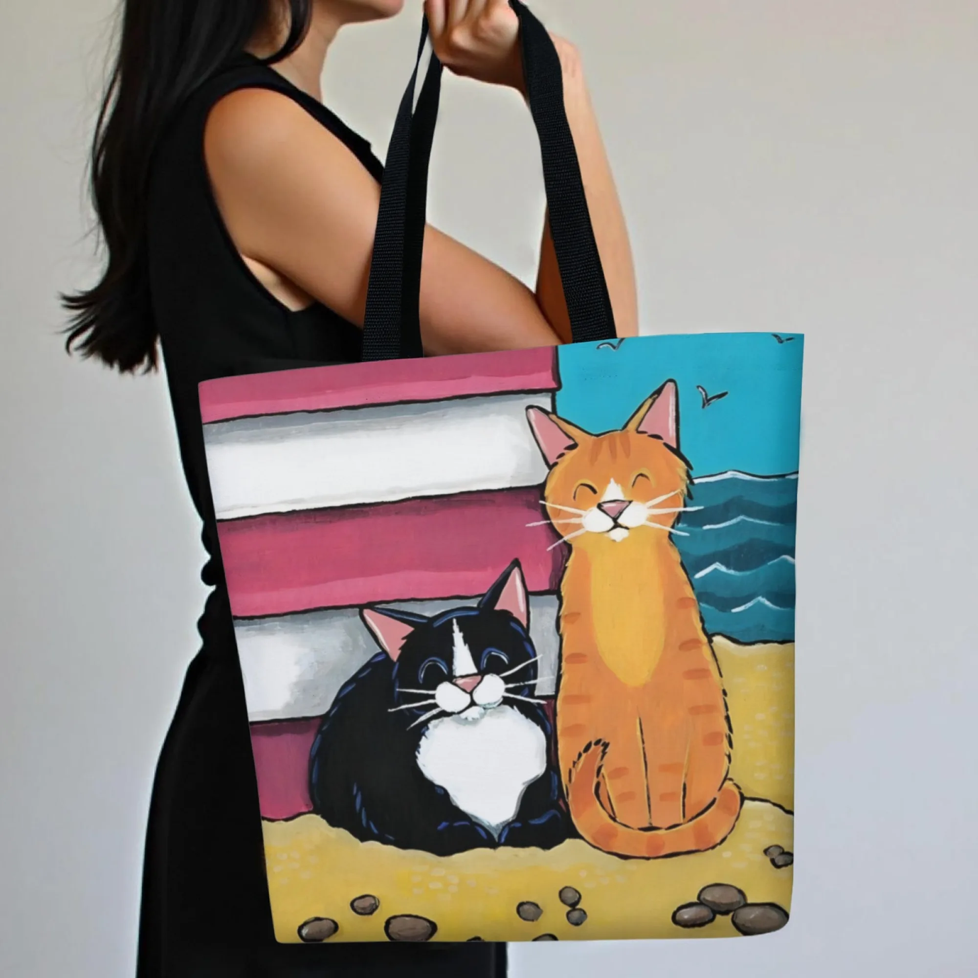 

Charming Cartoon Cat Print Tote Bag for Women Durable Canvas Shoulder Bag with Straps Perfect for Girl Shopping Travel