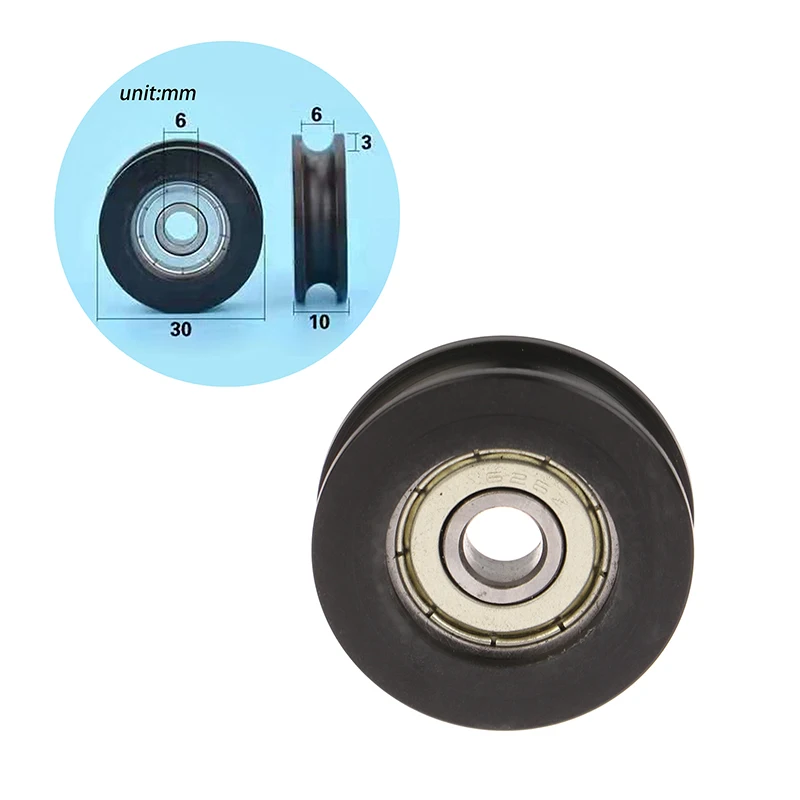 6*30*10mm shift door pulley, concave wheel U groove, wire rope over line wheel, rubber wrapped plastic nylon bearing roller