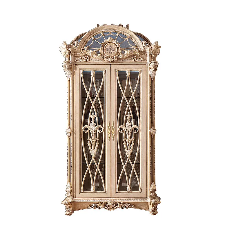 European Luxury Antique Wooden Display Cabinet French Vintage 2 Doors Glass Vitrines Hand Work Marquetry Cabinets