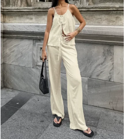 

Summer Casual V-Neck Camisole Top and High Waisted Elastic Pants Set for Women's Casual Solid Color Vacation Style Set