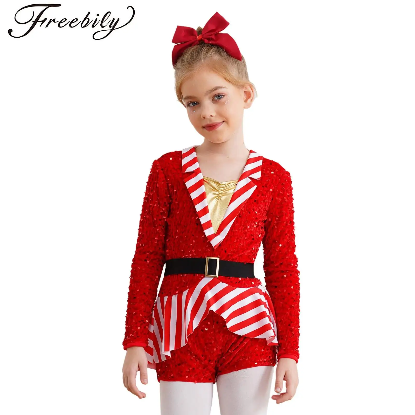 

Kids Girls Christmas Sequin Dance Jumpsuit Candy Cane Unitard Long Sleeve/Sleeveless Striped Bodysuit Xmas Santa Sweetie Costume