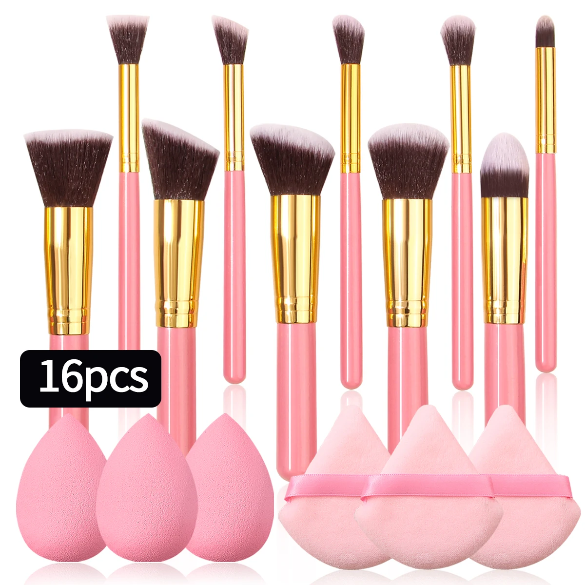 16PCS 10 soft hair beginners portable makeup brush set +3pcs dry and wet sponge makeup egg +3pcs setting triangle powder puff