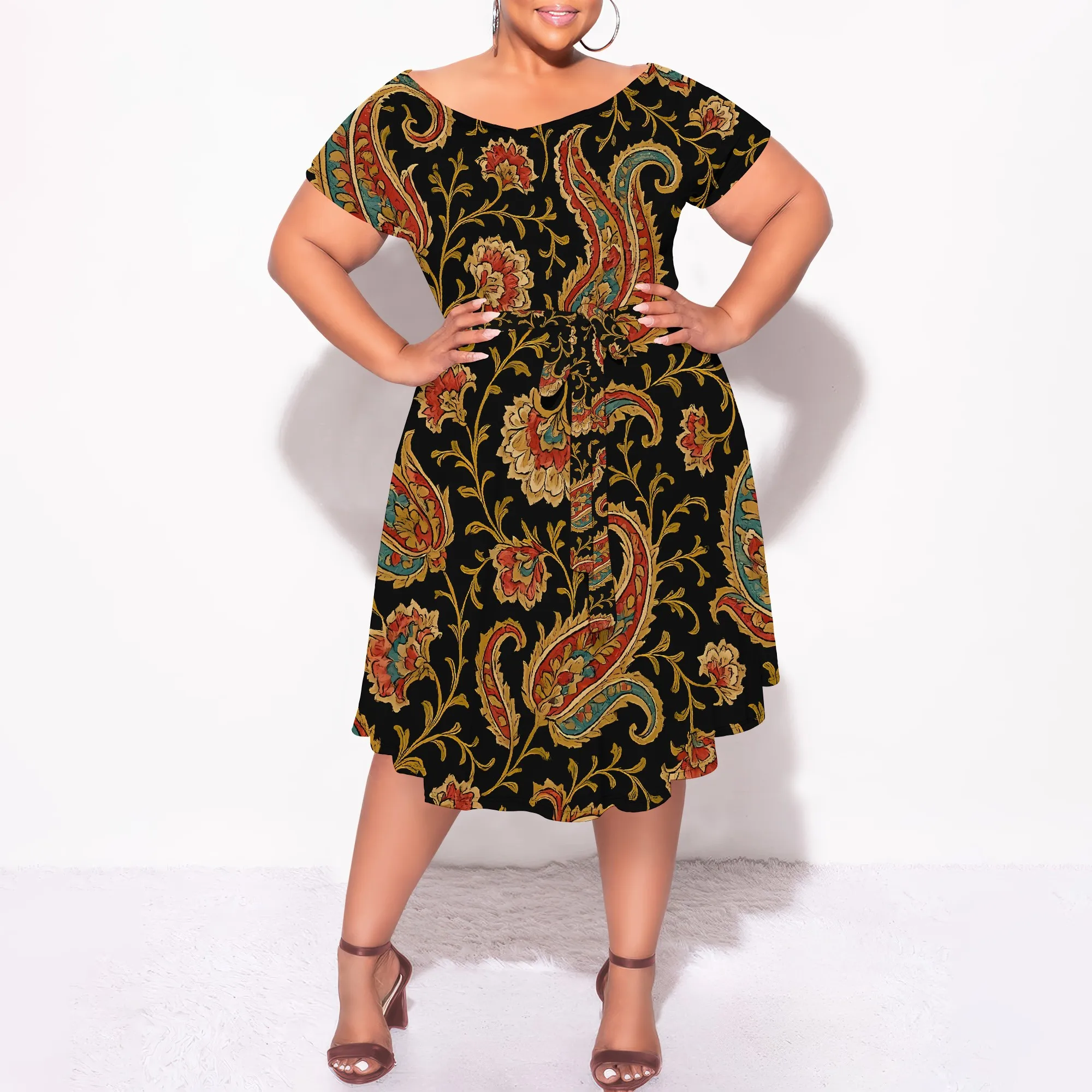 

Nupusa Paisley Print Dress for Women Plus Size Summer Casual Off - Shoulder Short Sleeve Dress